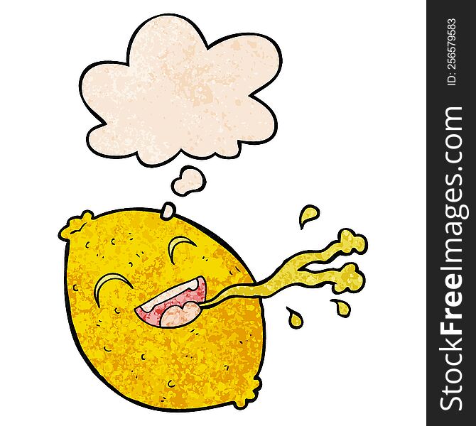 cartoon squirting lemon with thought bubble in grunge texture style. cartoon squirting lemon with thought bubble in grunge texture style