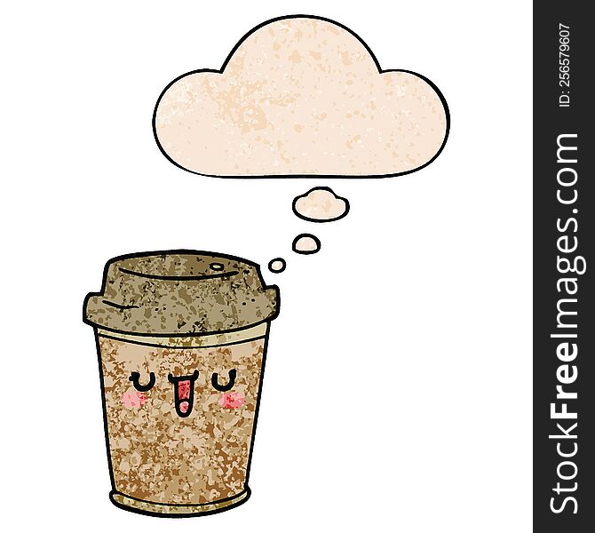 Cartoon Take Out Coffee And Thought Bubble In Grunge Texture Pattern Style