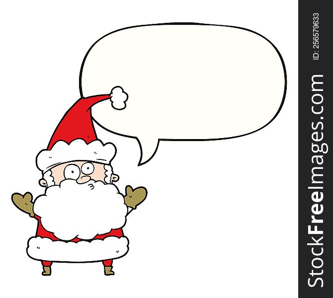cartoon confused santa claus shurgging shoulders with speech bubble