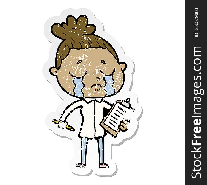 Distressed Sticker Of A Cartoon Crying Saleswoman