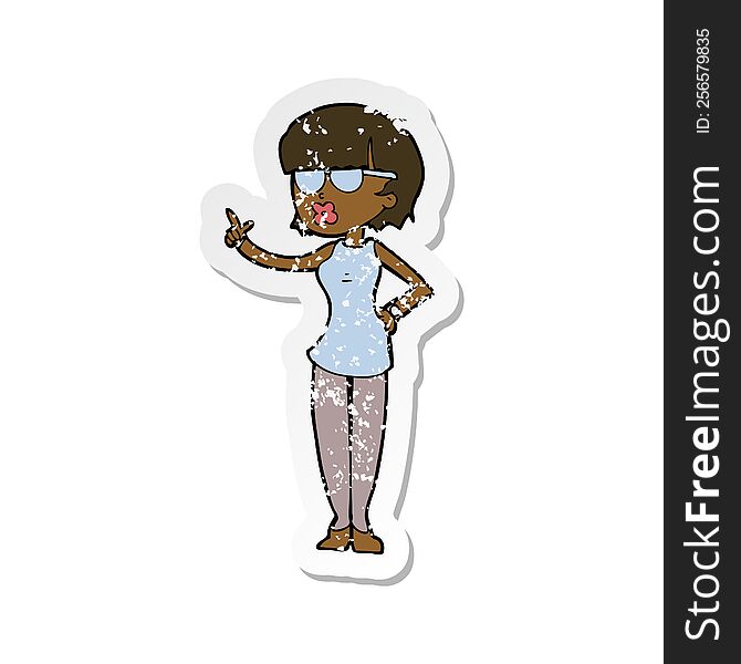 Retro Distressed Sticker Of A Cartoon Woman Wearing Spectacles