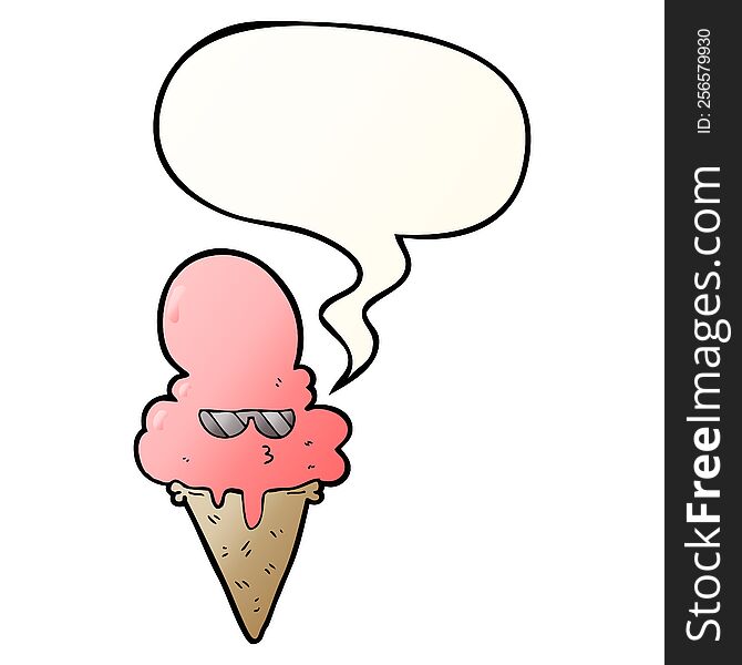 cartoon cool ice cream with speech bubble in smooth gradient style