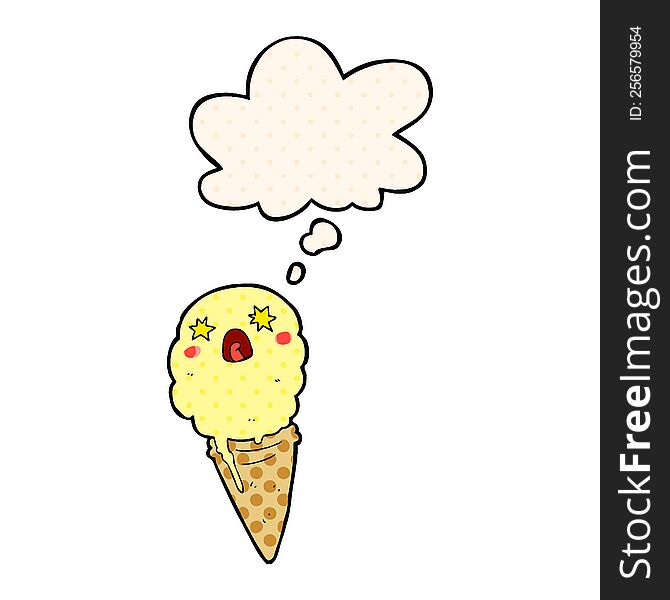cartoon shocked ice cream with thought bubble in comic book style
