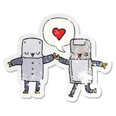 Cartoon Robots In Love And Speech Bubble Distressed Sticker Stock Photos