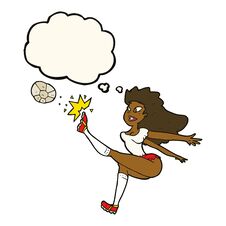Cartoon Female Soccer Player Kicking Ball With Thought Bubble Royalty Free Stock Photo