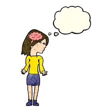 Free Cartoon Clever Woman Shrugging Shoulders With Thought Bubble Stock Photo - 256589520