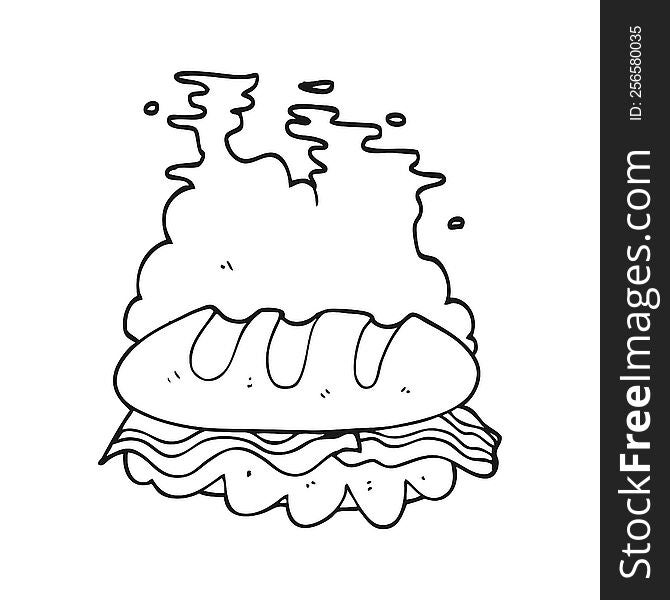 freehand drawn black and white cartoon huge sandwich