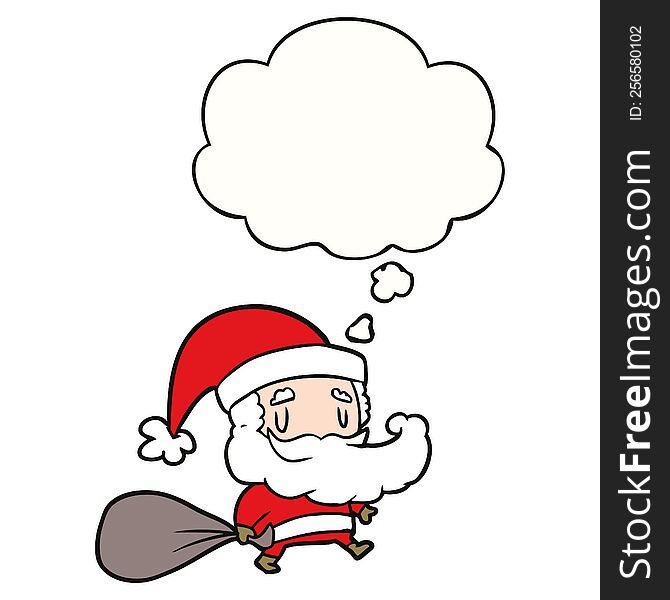 cartoon santa claus with sack with thought bubble