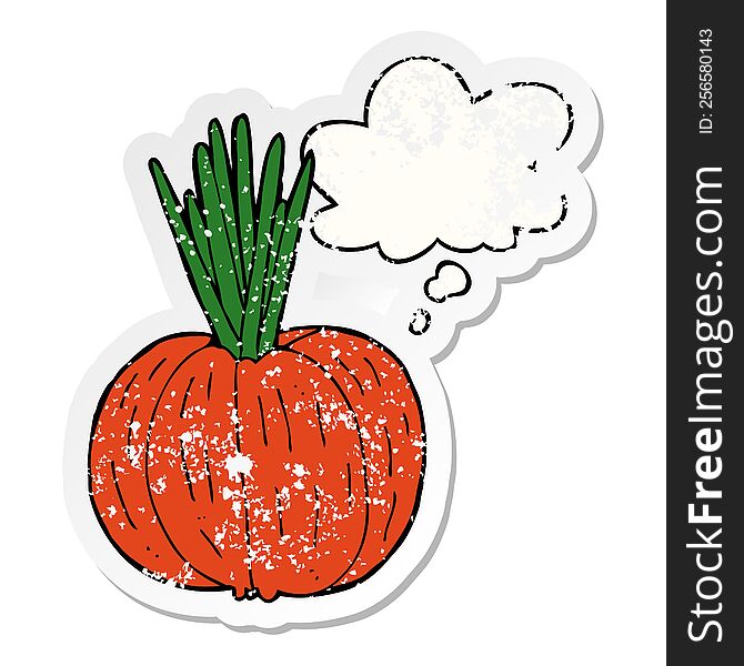 cartoon vegetable with thought bubble as a distressed worn sticker