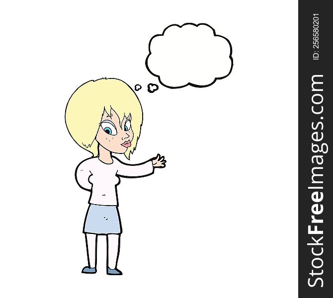 Cartoon Woman Making Welcome Gesture With Thought Bubble