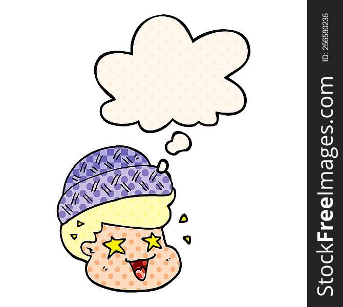 cartoon boy wearing hat and thought bubble in comic book style