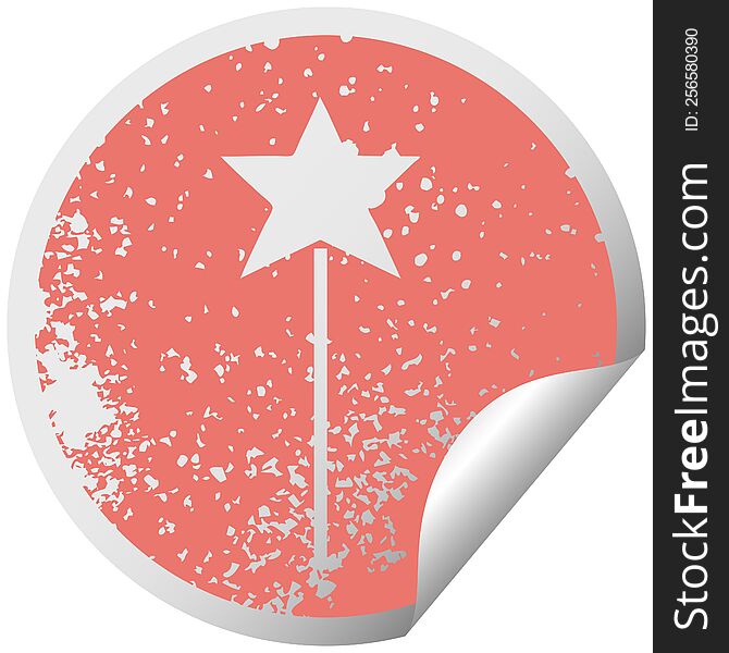 distressed circular peeling sticker symbol of a star wand