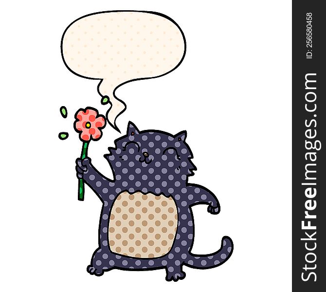 Cartoon Cat And Flower And Speech Bubble In Comic Book Style