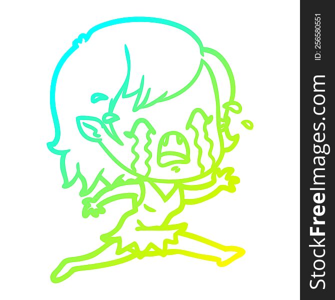 cold gradient line drawing of a cartoon crying vampire girl