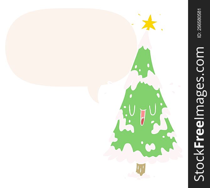 cartoon snowy christmas tree with happy face with speech bubble in retro style. cartoon snowy christmas tree with happy face with speech bubble in retro style