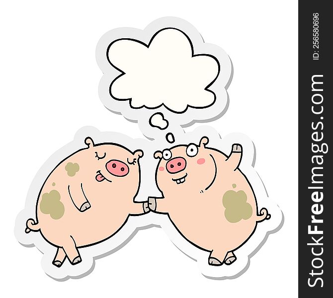 cartoon pigs dancing with thought bubble as a printed sticker