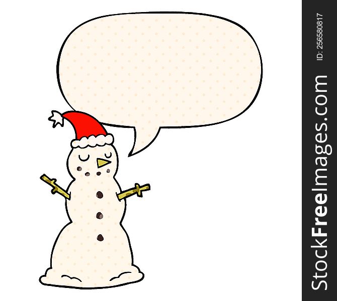cartoon christmas snowman with speech bubble in comic book style