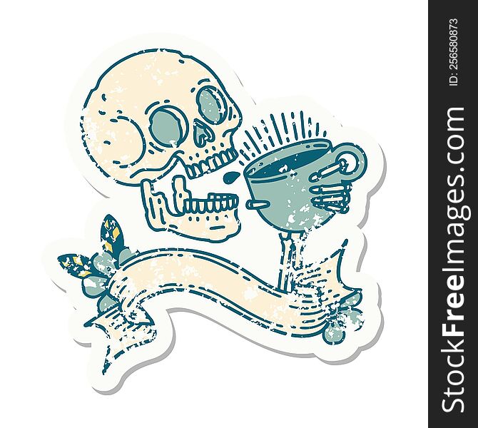 Grunge Sticker With Banner Of A Skull Drinking Coffee