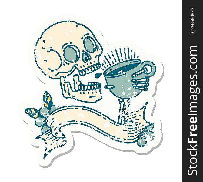 worn old sticker with banner of a skull drinking coffee. worn old sticker with banner of a skull drinking coffee