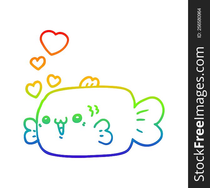 rainbow gradient line drawing cute cartoon fish with love hearts