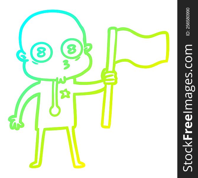 cold gradient line drawing of a cartoon weird bald spaceman with flag