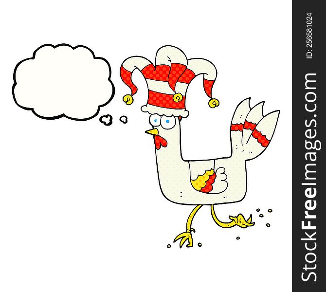 freehand drawn thought bubble cartoon chicken running in funny hat