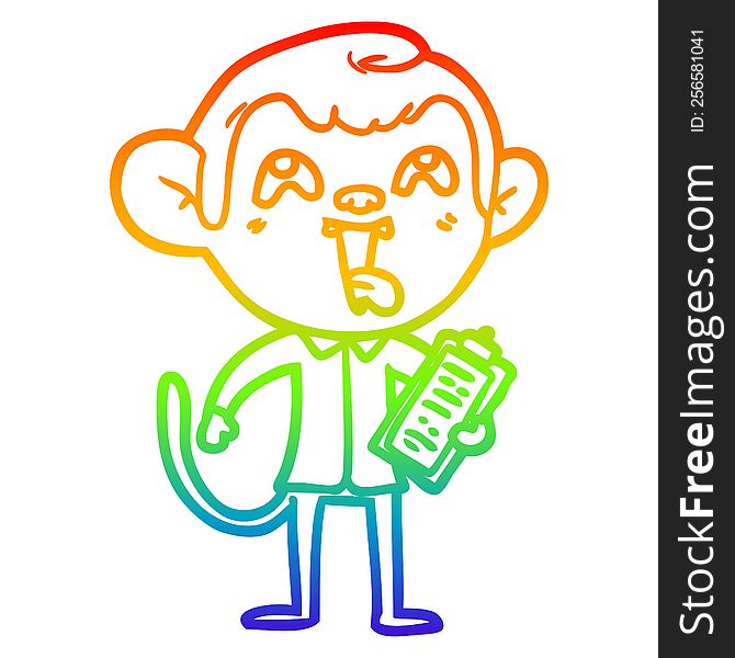 rainbow gradient line drawing of a crazy cartoon monkey with clipboard