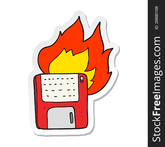 sticker of a cartoon old computer disk burning