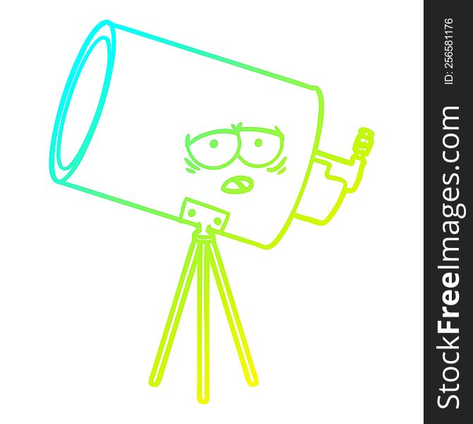 cold gradient line drawing of a cartoon bored telescope with face