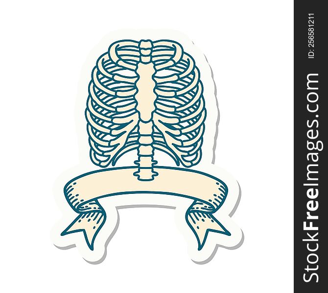 tattoo style sticker with banner of a rib cage