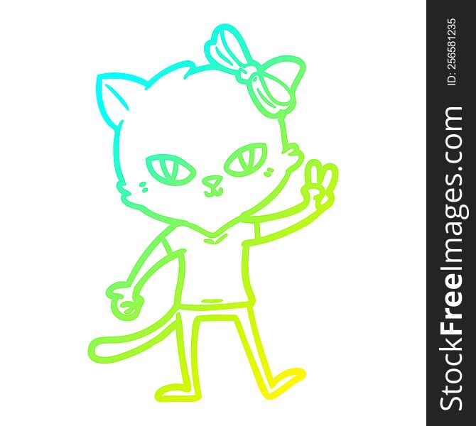 Cold Gradient Line Drawing Cute Cartoon Cat Girl Giving Peace Sign