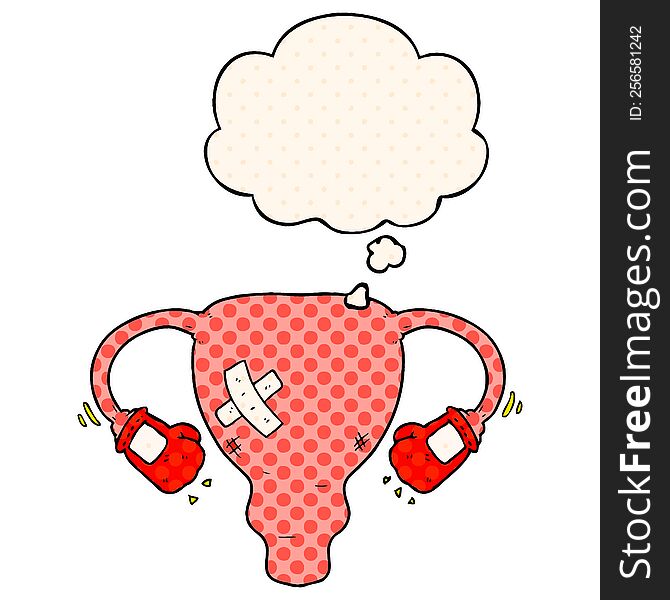 cartoon beat up uterus with boxing gloves and thought bubble in comic book style