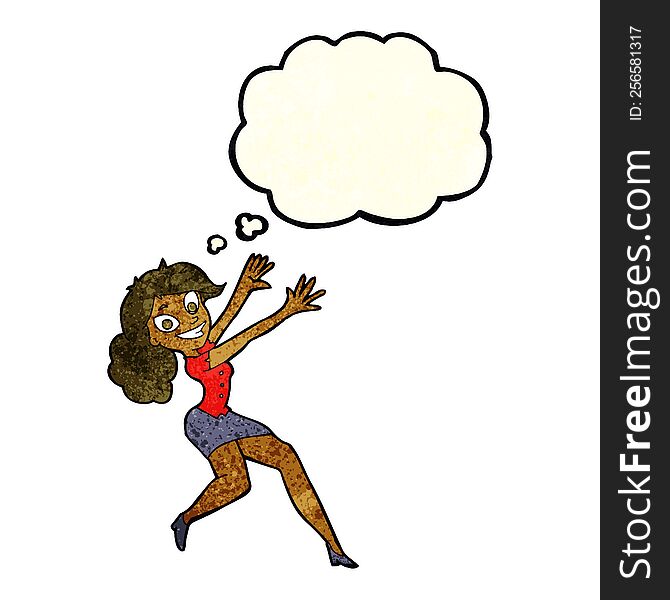 cartoon happy woman jumping with thought bubble