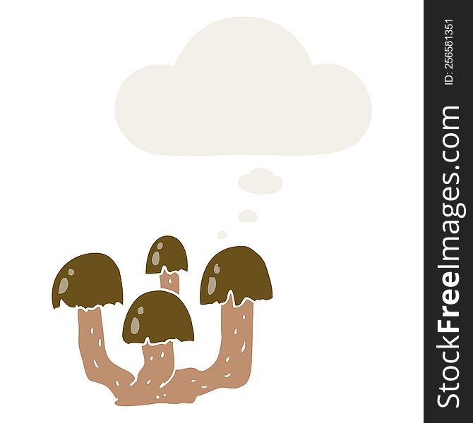 cartoon mushrooms with thought bubble in retro style