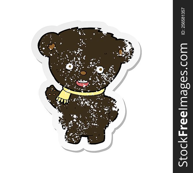 Retro Distressed Sticker Of A Cartoon Black Bear Waving