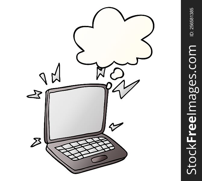 cartoon laptop computer with thought bubble in smooth gradient style