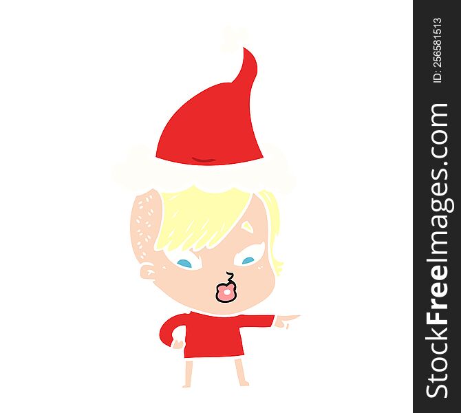 Flat Color Illustration Of A Surprised Girl Pointing Wearing Santa Hat