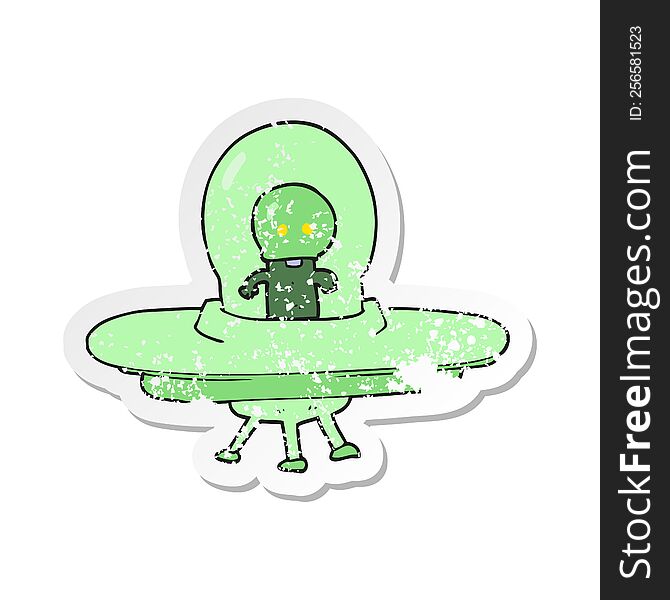 Retro Distressed Sticker Of A Cartoon Alien In Flying Saucer