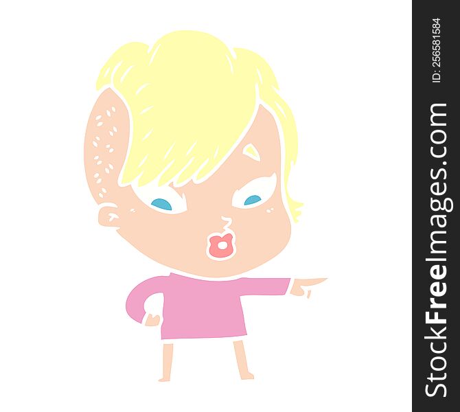 Flat Color Style Cartoon Surprised Girl Pointing