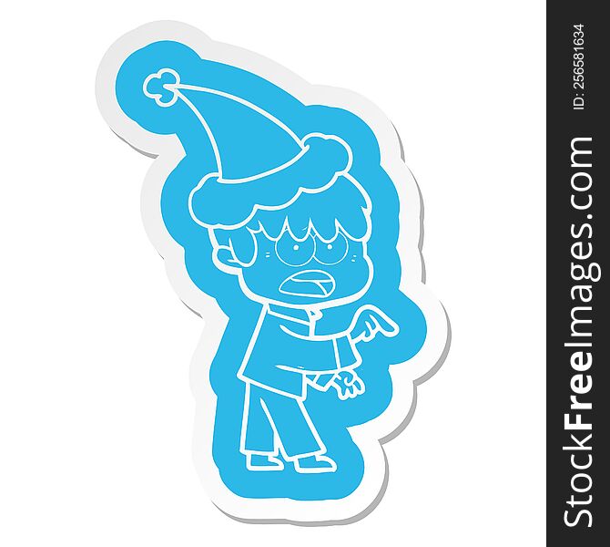 Worried Cartoon  Sticker Of A Boy Wearing Santa Hat