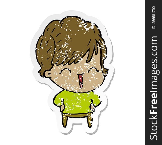 distressed sticker of a cartoon laughing woman