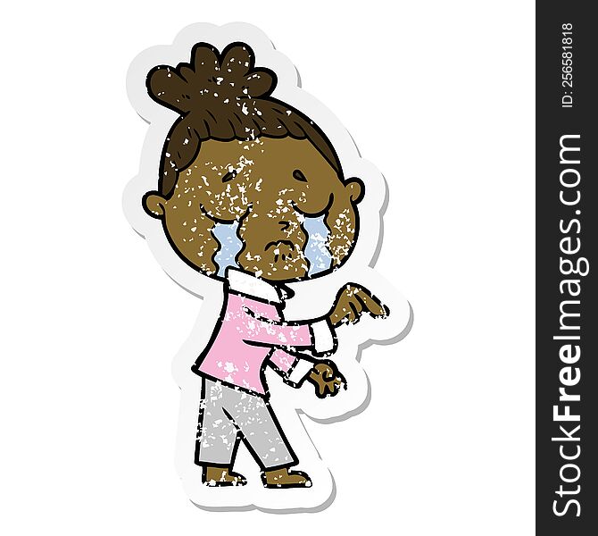 Distressed Sticker Of A Cartoon Crying Woman Pointing