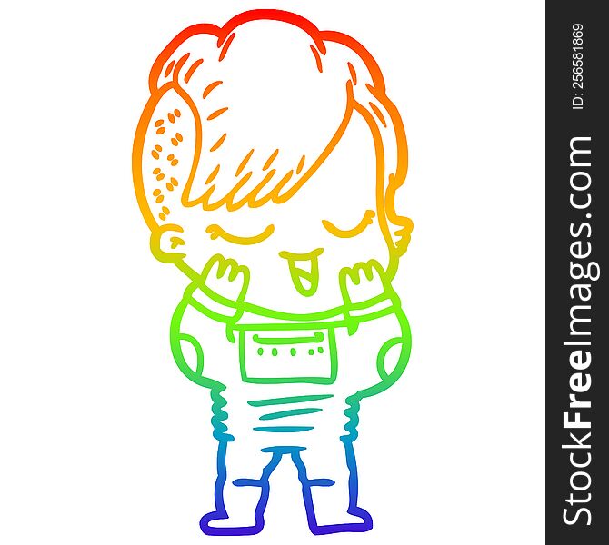 rainbow gradient line drawing of a happy cartoon girl in space suit