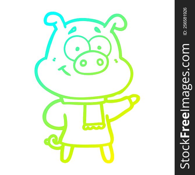 cold gradient line drawing of a happy cartoon pig wearing cold clothes