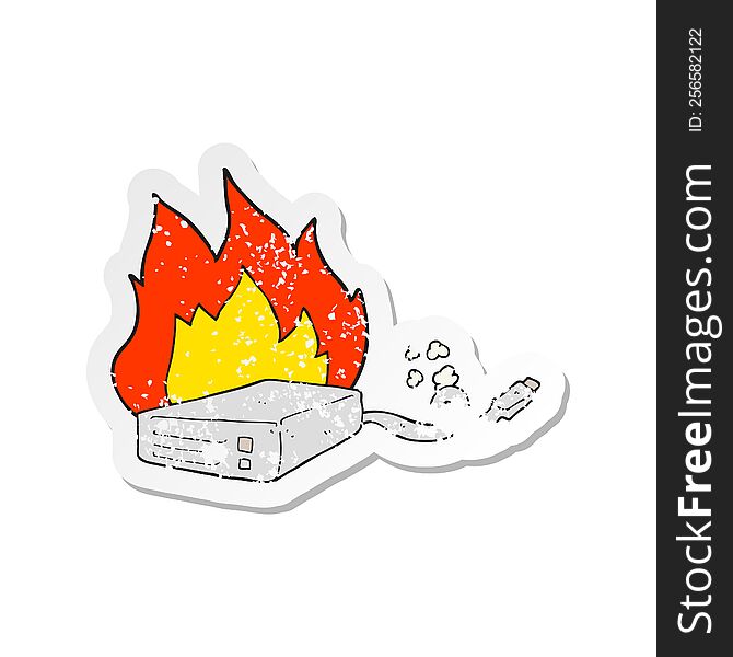 retro distressed sticker of a cartoon computer hard drive burning