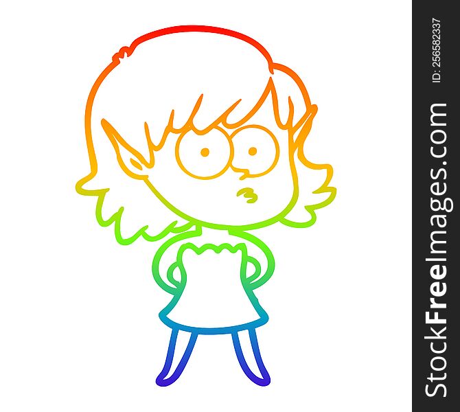rainbow gradient line drawing of a cartoon elf girl in dress