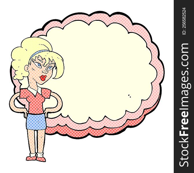 cartoon woman in front of cloud with space for text