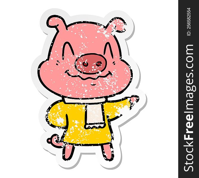 Distressed Sticker Of A Nervous Cartoon Pig Wearing Scarf