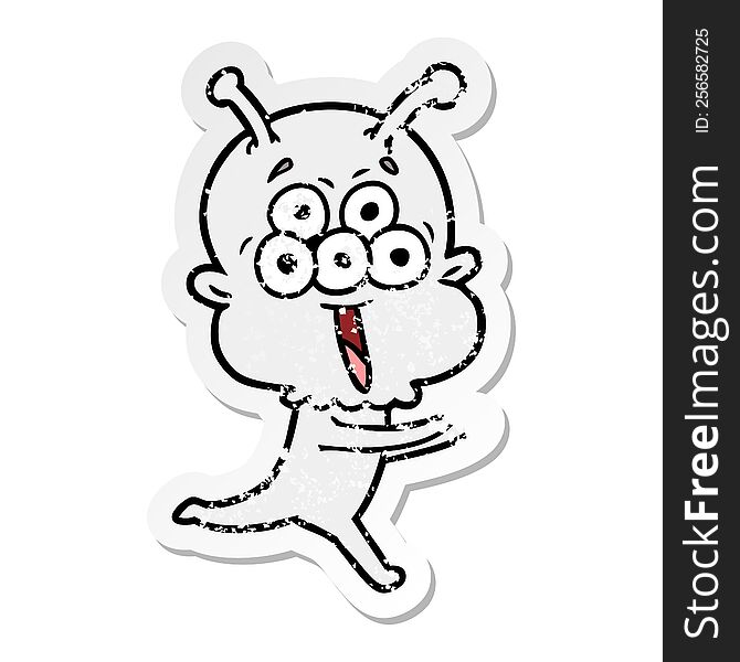 Distressed Sticker Of A Happy Cartoon Alien Running
