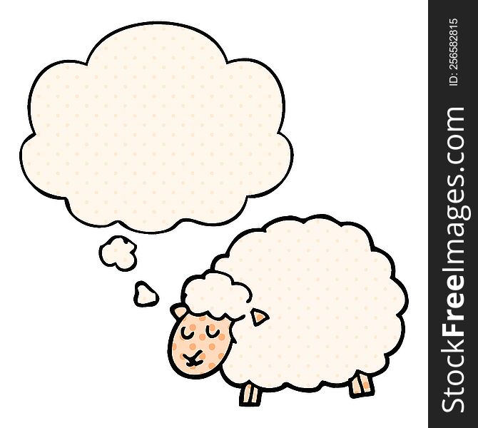 cartoon sheep with thought bubble in comic book style